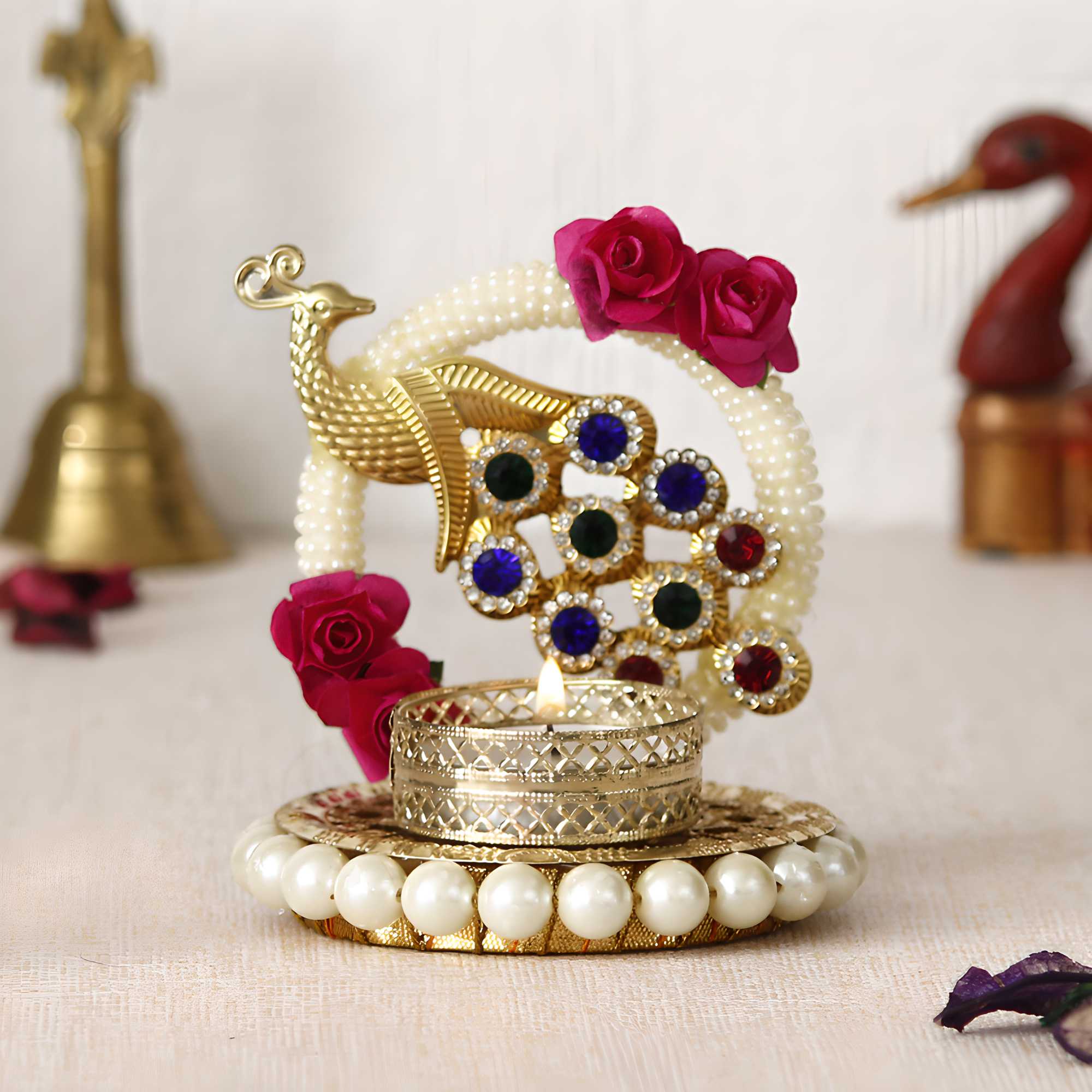 Handcrafted Stone-Studded Peacock Tea Light Holder | Metal Diya Stand for Home Decor