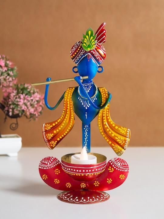 Blue & Red Krishna Idol for Home Mandir | Handcrafted Murti for Pooja & Decor