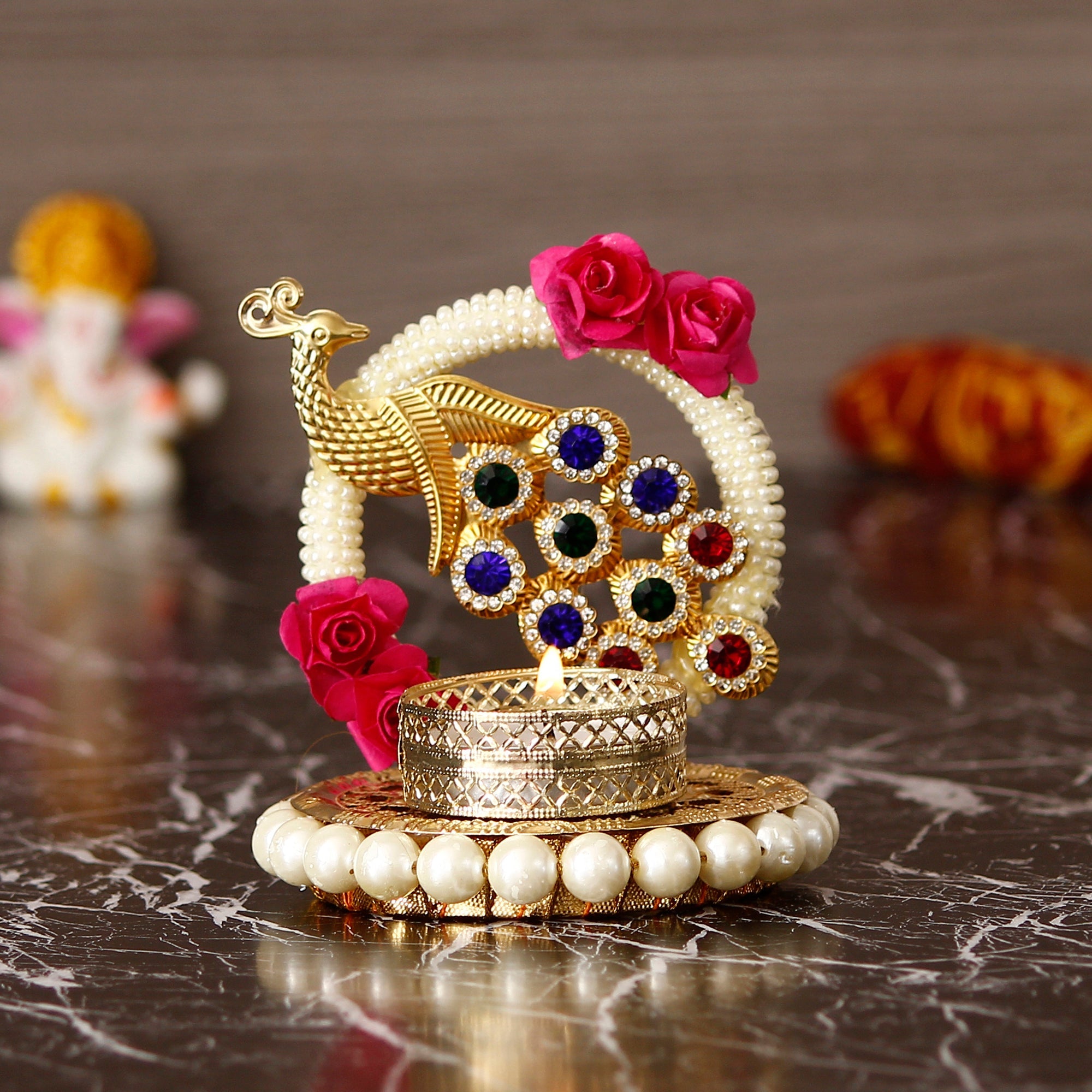 Handcrafted Stone-Studded Peacock Tea Light Holder | Metal Diya Stand for Home Decor