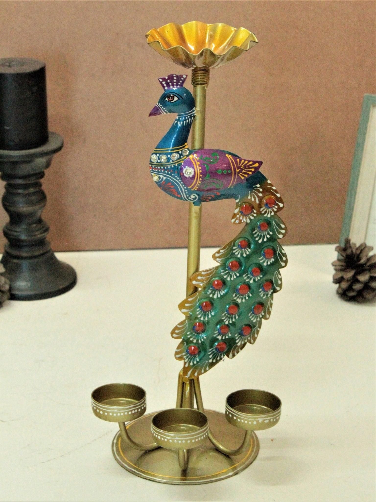 Handcrafted Peacock Tea Light Holder | Decorative Diya Stand for Festival & Home Decor