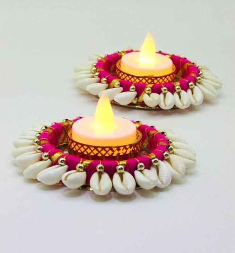 Boho Cowrie Shell Tealight Holders (Set of 2) | Handmade Votive Candle Stand for Home Decor